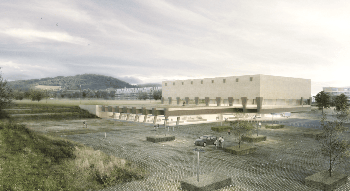 Architektur-Visualisierung eines länglichen, auf Stützen ruhenden Gebäudekomplexes in Bern, umgeben von Grünflächen und Wohnbauten im Hintergrund. Im Vordergrund ein mit Rasengittersteinen befestigter Parkplatz ohne Fahrbahnmarkierungen, auf dem ein Auto und mehrere Fussgängerinnen und Fussgänger zu sehen sind. Vereinzelte Lichtmasten säumen den Platz, die Zufahrt ist unbefestigt und ohne erkennbare Verkehrssignale.