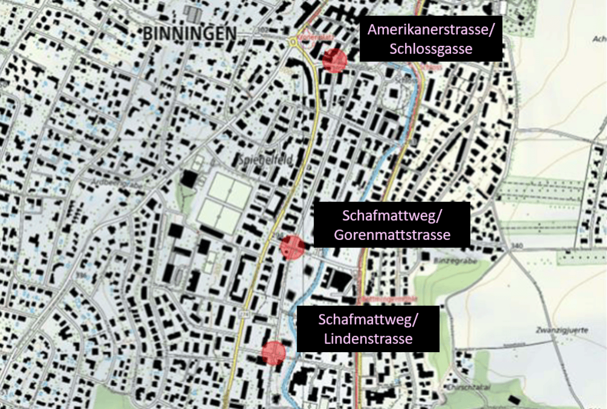 Kartenausschnitt von Binningen mit drei rot markierten Kreuzungen entlang des Schafmattwegs: Amerikanerstrasse/Schlossgasse, Schafmattweg/Gorenmattstrasse und Schafmattweg/Lindenstrasse als im Rahmen des Monitorings untersuchte Knoten.