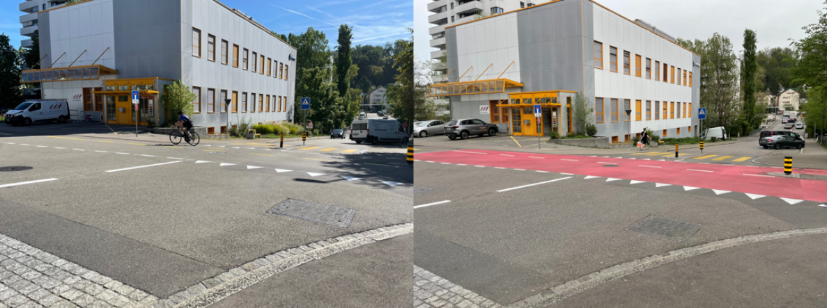 Vergleich des Knotens Schafmattweg/Goremattstrasse in Binningen vor und nach der Umgestaltung: links unmarkierte graue Fahrbahn mit Radfahrendem auf dem Schafmattweg, rechts dieselbe Kreuzung mit roter Einfärbung der Vortrittsstrasse, Fussgängerstreifen und Fussgängerin daneben. Mehrspuriges Gebäude mit gelben Fensterrahmen im Hintergrund, parkierte Fahrzeuge und Lieferwagen am Strassenrand.