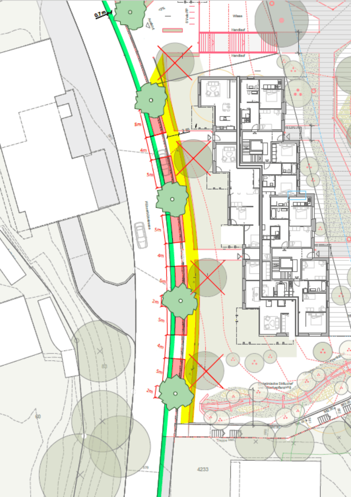 Situationsplan der Überbauung Flugbrunnenareal in Bolligen mit Grundrissen der Gebäude, Bäumen, Massangaben und einer eingezeichneten Fahrbahn mit Baumallee entlang der Strasse. Keine realen Verkehrssignale, Personen oder Messgeräte sichtbar, da es sich um eine schematische Planzeichnung handelt.