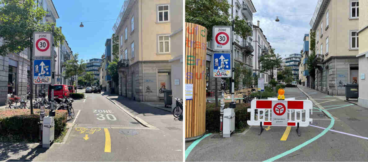 Zwei Ansichten des Eingangs Cramerstrasse vor und während der Umsetzung. Beidseitig Tempo-30-Zone mit vorgeschriebener Fahrtrichtung geradeaus. Links markiert Bodenbeschriftung «ZONE 30» und ein gelber Velo-Pfeil die Fahrbahn, Fahrräder stehen am Strassenrand. Rechts zusätzlich Verbotstafel «Zubringerdienst gestattet» mit Fahrverbot, Absperrgitter mit Blinklicht sowie farbige Bodenmarkierungen, die eine geänderte Verkehrsführung anzeigen. Ein Messgerät ist am Signalmast montiert.