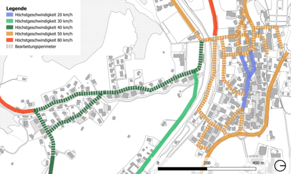 Kartenausschnitt der Gemeinde Saanen mit Gebieten Dorfstrasse, Bahnhof, Maeretmatte und Ruebeldorfstrasse: Übersichtsplan mit farbiger Legende zu Höchstgeschwindigkeiten (20, 30, 40, 50, 80 km/h) und gestrichelter Markierung des Bearbeitungsperimeters entlang der Strassenzüge im Ortsgebiet. Massstabsleiste (0–400 m) und Nordpfeil vorhanden. Keine Personen, Fahrzeuge oder Messgeräte sichtbar, reine schematische Basiskarte (Quelle: @geodienste).