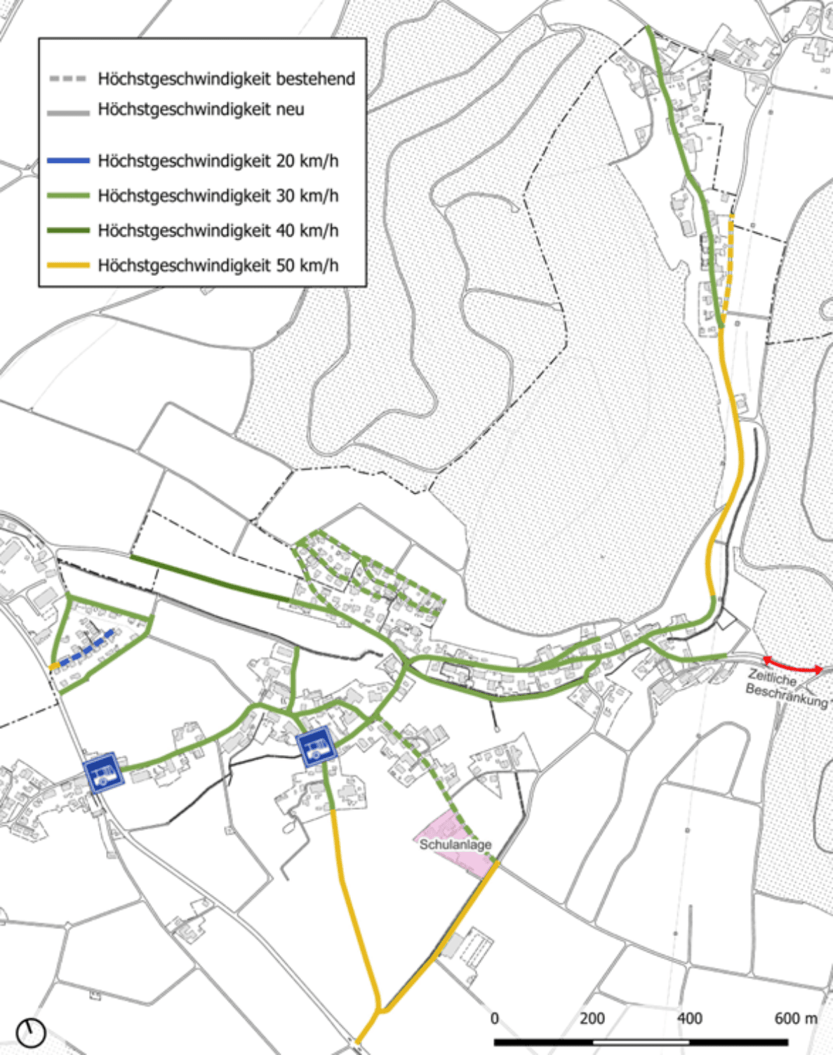 Konzeptplan Temporegime für Krauchthal, Gemeindestrassen: Kartenausschnitt mit farbig markierten Strassenzügen für geplante Höchstgeschwindigkeiten (20, 30, 40, 50 km/h) sowie bestehende und neue Regelungen gemäss Legende. Eingezeichnet sind Ortsdurchfahrten, eine Schulanlage und ein Hinweis auf eine zeitliche Beschränkung am östlichen Kartenrand. Massstabsleiste unten (0–600 m).