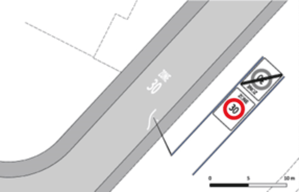 Schematische Planskizze einer Gemeindestrasse in Krauchthal mit möglichem Eingangstor: Kurvenverlauf der Fahrbahn mit Fussgängerstreifen-Markierung sowie geplante Signalisation, dargestellt als Verkehrszeichen mit Geschwindigkeitsbeschränkung 30 und Vortrittssignal, ergänzt durch einen Massstabsbalken von 10 Metern zur Veranschaulichung der Torgestaltung.