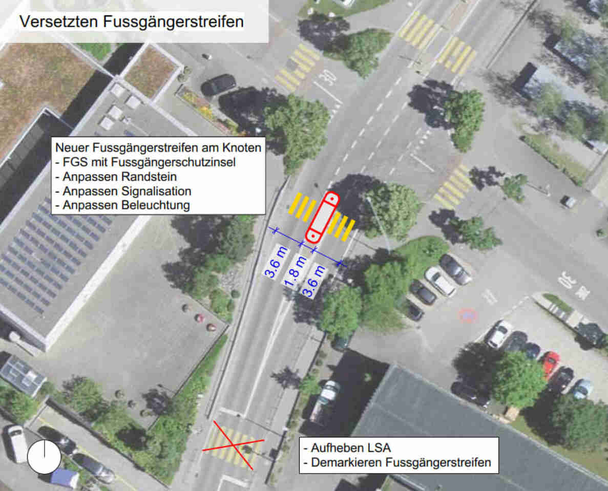 Luftbild-Massnahmenskizze einer Kreuzung in Lyss-Grentschel mit Beschriftung „Versetzten Fussgängerstreifen“. Eingezeichnet sind ein neuer Fussgängerstreifen mit Schutzinsel (Masse 3.6 m/1.8 m/3.6 m), Hinweise zu Anpassen von Randstein, Signalisation und Beleuchtung sowie ein durchgestrichener bestehender Fussgängerstreifen mit Vermerk «Aufheben LSA, Demarkieren Fussgängerstreifen». Umliegend Fahrbahnmarkierungen, Bäume und parkierte Fahrzeuge.