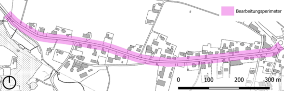 Kartenausschnitt der Balmstrasse in Meiringen mit pink markiertem Bearbeitungsperimeter entlang der Strasse durch das Siedlungsgebiet. Schwarzweisse Basiskarte (@geodienste) zeigt Gebäudegrundrisse, Parzellen und Nebenstrassen. Legende «Bearbeitungsperimeter», Massstabsleiste 0–300 m sowie Nordpfeil unten links ergänzen die Darstellung.
