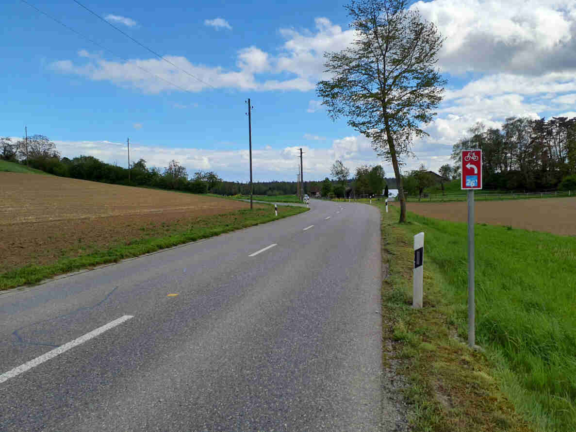 Andelfingerstrasse mit Wegweiser Veloroute Nr. 26, der einen Linksabbieger anzeigt, am rechten Fahrbahnrand zwischen Feldern. Der Asphalt ist gut instand gehalten, mit Mittellinie und Randmarkierung. Vereinzelt stehen Leitpfosten am Strassenrand, im Hintergrund führt die Strasse leicht kurvend an Bauernhöfen vorbei, kein Verkehr sichtbar.