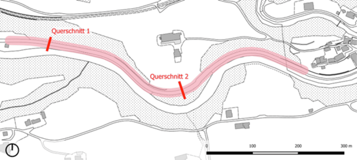 Kartenausschnitt Weissenburg (Kandertal), Basiskarte @geodienste, mit rosa markiertem Projektperimeter entlang der Kantonsstrasse K11. Zwei rote Linien kennzeichnen Erhebungsquerschnitte für Verkehrsmessungen: Querschnitt 1 im nordwestlichen und Querschnitt 2 im mittleren Streckenabschnitt. Umliegende Gebäude, Gelände und Massstabsleiste (0–300 m) sind ersichtlich.