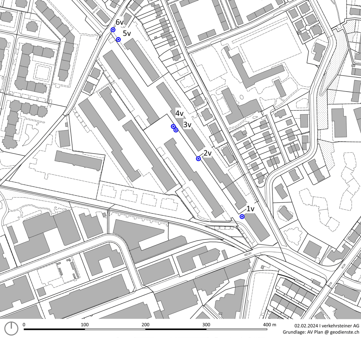 Katasterplan mit Untersuchungsperimeter und markierten Kamerastandorten 1v bis 6v entlang einer diagonal verlaufenden Strasse mit angrenzender Blockrandbebauung. Massstabsleiste 0–400 m, Datumsangabe 02.02.2024, Quelle verkehrsteiner AG, Grundlage AV Plan @ geodienste.ch.