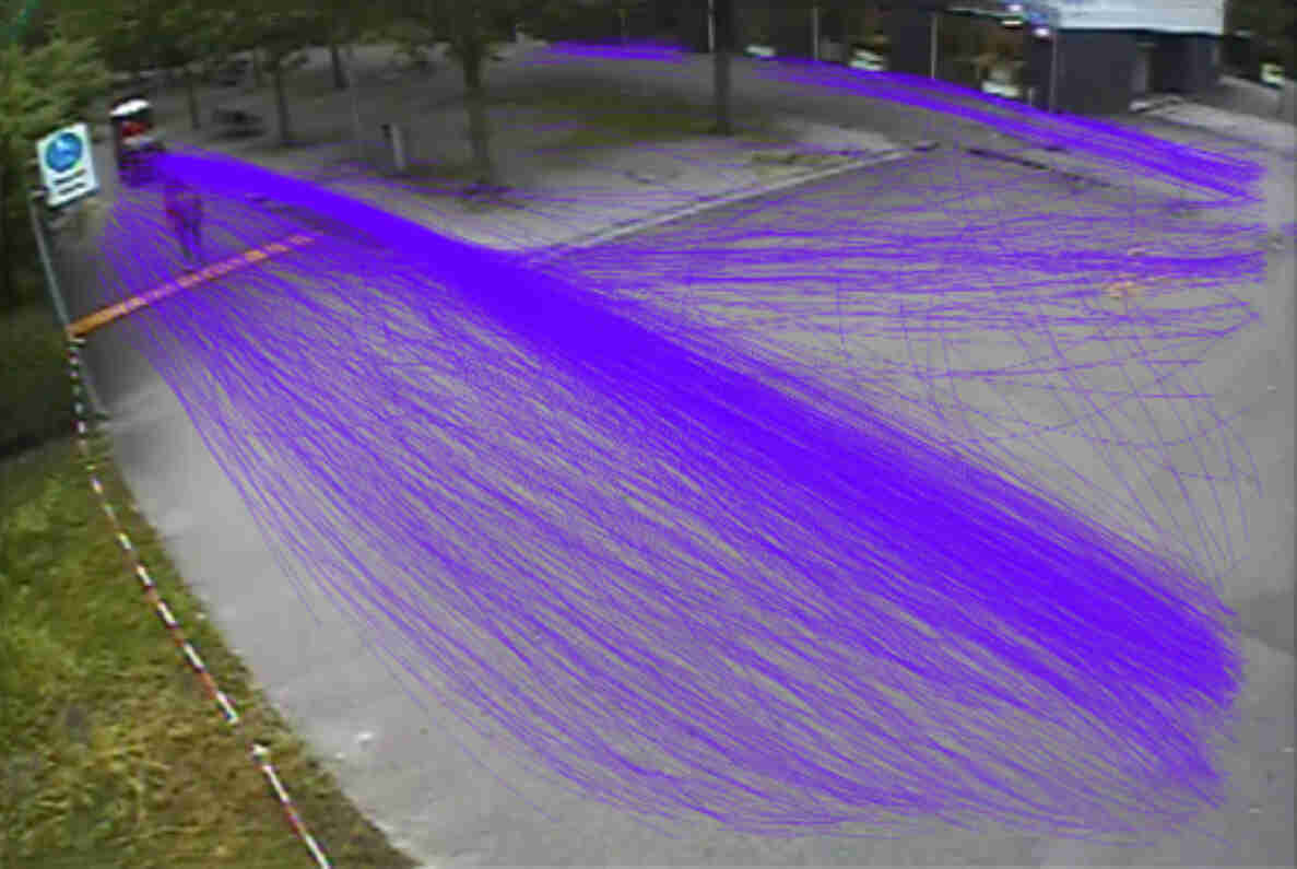 Überwachungskamerabild in Zuerich-Binzallee mit violett eingezeichneten, teilautomatisiert ausgewerteten Fahrlinien des Veloverkehrs, die sich fächerartig über einen breiten Platzbereich neben einem asphaltierten Weg verteilen. Am Wegrand steht ein rundes blaues Hinweisschild für Fahrradverkehr, daneben eine Baustellenabschrankung mit rot-weissem Flatterband. Eine Person mit Fahrrad befindet sich auf dem Weg, im Hintergrund Bäume und Gebäude.